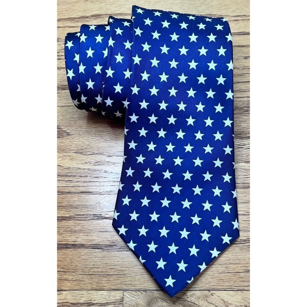 Milano Printed 100% Silk Neck Tie Navy Blue White Stars Patriotic USA America